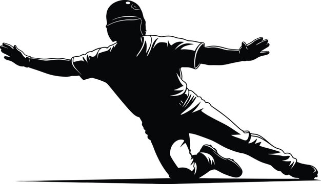 A black and white vector graphic depicting a baseball player performing a dramatic slide into base