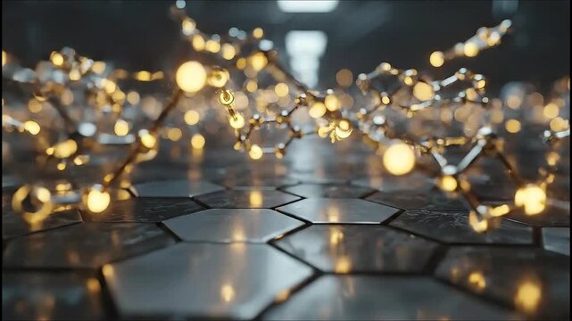 Futuristic molecular structures on hexagonal grid with glowing lights
