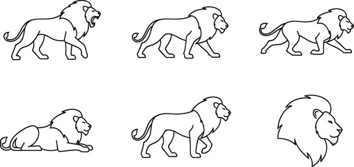 Collection of black and white line art illustrations depicting various poses of a male lion © Simu Store
