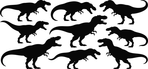 Numerous black Tyrannosaurus Rex prehistoric dinosaur figures displayed on a clean white background