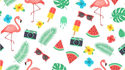 Vibrant summer seamless pattern with flamingos tropical leaves sunglasses watermelon and colorful flowers on white background for fun and festive designs handmade illustration vector