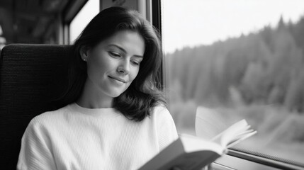 Black and white photograph of a young woman sitting on a train, reading a book. she is sitting on the seat and is looking out the window with a peaceful expression on her face.