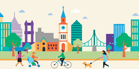 Fototapeta premium A colorful illustration of a city park with people enjoying outdoor activities