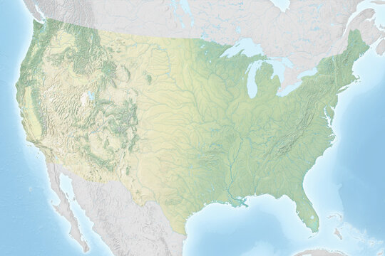 Relief map of the contiguous United States showing physical geography, elevation, mountain ranges, rivers, and coastlines with surrounding North American countries