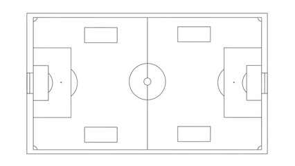 Top down schematic outline of a soccer field with clear markings for the center circle penalty areas and goal boxes representing a clean minimalist blueprint handmade illustration vector © craftsby.ib