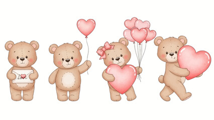 Adorable watercolor teddy bears in soft pastel pink and beige hues holding heart shaped balloons and a large heart conveying love friendship and sweet romance handmade illustration vector © craftsby.ib