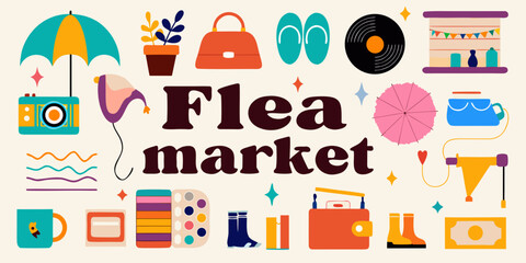 a colorful flea market graphic with various items