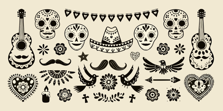 Day of the dead decorative elements skulls guitars and traditional symbols