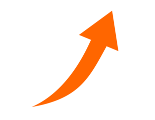Orange curved upward arrow growth direction symbol isolated on transparent background for progress, success, navigation, marketing and infographic design