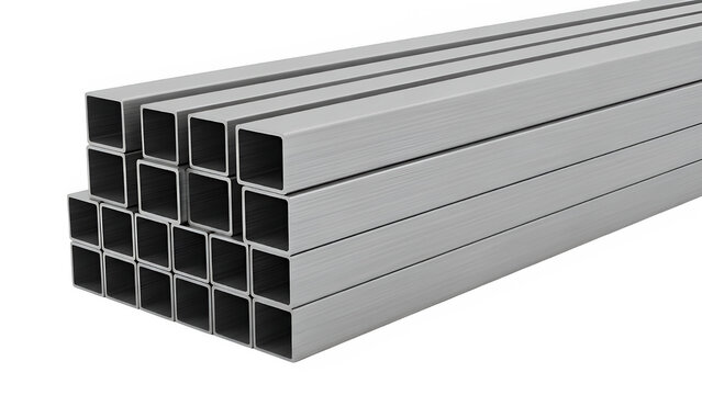 Brushed metal profiles stack of square tubing and U-channel beams, isolated on white or transparent background, high resolution, studio lighting, sharp focus, clean cutout, minimal shadow, PNG format