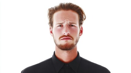 Fototapeta premium Man with neutral expression on white background, emotional detachment visible