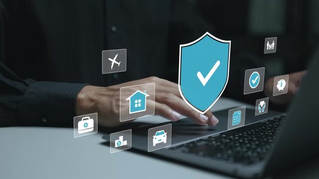 Insurance with digital shield and protection icons on laptop screen. Online insurance coverage, risk management and financial security for health, home, travel and business in modern technology.