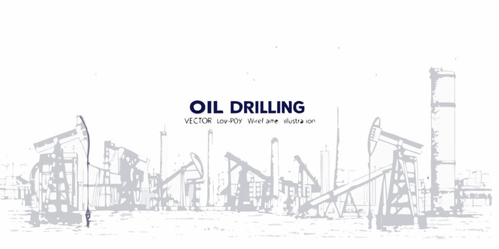 Sketch of an oil field with drilling rigs and industrial infrastructure