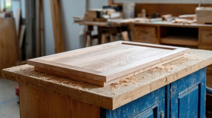 Wooden workbench in a workshop. the workbench is made of light-colored wood and has a blue cabinet with two doors. on top of the workbench, there is a rectangular wooden board with a smooth surface.