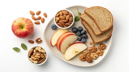 Healthy Snack Plate with Apple, Almonds, Walnuts, Bread and Blueberries