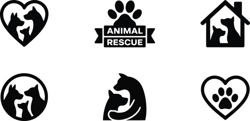Set of black silhouette icons representing animal rescue, pet adoption, and love for domestic animals