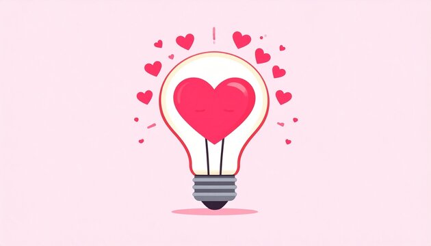 Bright pink heart lightbulb with floating love hearts on soft pastel background