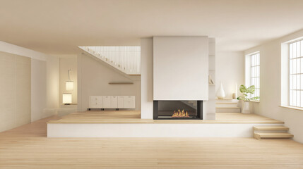 Naklejka premium A modern interior design with a staircase and fireplace in the living room