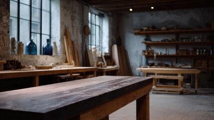 Workshop with a long wooden table in the foreground. the table is made of dark wood and has a rustic, weathered look.