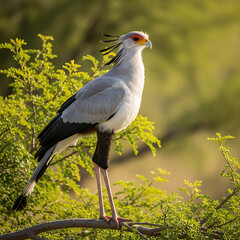 Full body portrait of a Secretary Bird perched on a leafy branch in the African savanna