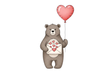 Cartoon bear holding a love letter and heart balloon isolated on transparent background