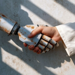 Robotic Hand and Human Handshake - AI Collaboration and Future of Work Concept