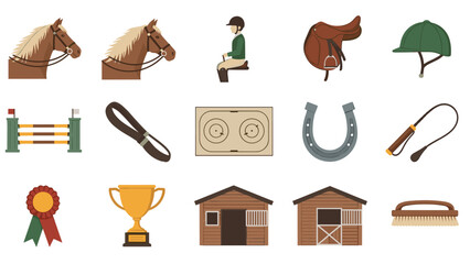 A set of equestrian icons and illustrations on transparent background