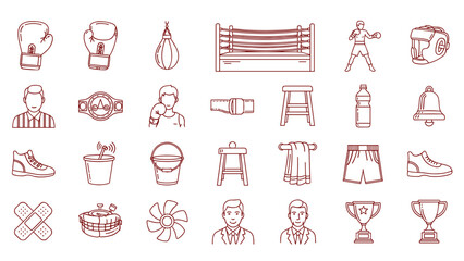 A set of boxing icons and equipment illustrations on transparent background
