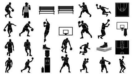 A set of black silhouette basketball icons on transparent background