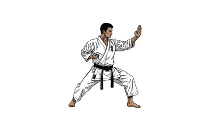 A man in a karate uniform and black belt is performing a martial arts stance on transparent background