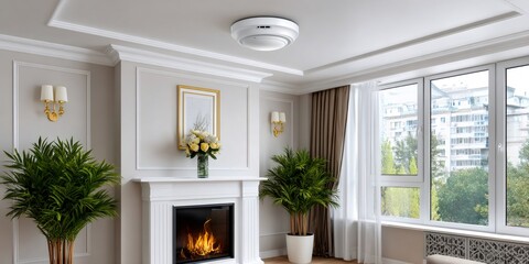 Naklejka premium Smoke detector monitoring modern living room fireplace safety