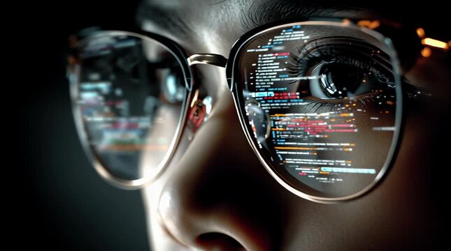 Portrait of depth. Close-up on a Filipino operator's face. Her eyes are reflected in her glasses, showing scrolling lines of code and data. But her expression is not about the code; it's one of profou