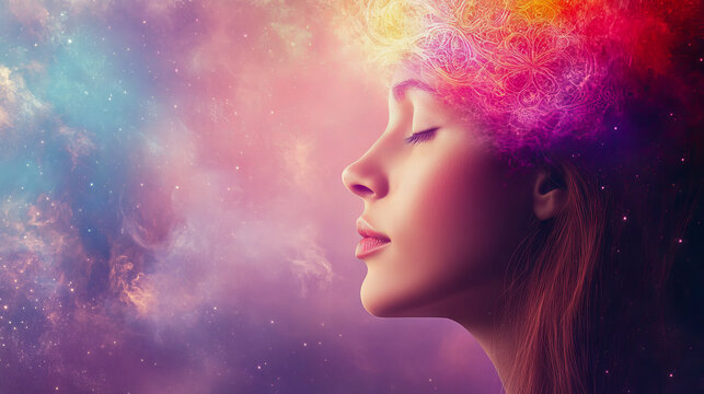 A meditation and spirituality scene, featuring a colorful stylized head of a young woman