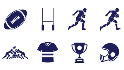 A set of blue vector icons depicting American football symbols on transparent background