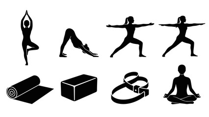 A set of yoga icons including people in various poses and equipment on transparent background