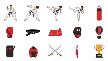 A set of martial arts icons and equipment on transparent background