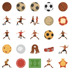 A colorful vector graphic illustration of various soccer icons and players on transparent background