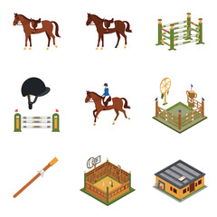 A set of colorful vector graphics depicting horses, fences, and equestrian equipment on transparent background
