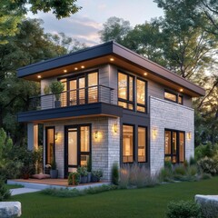 A modern two-story home with large windows, surrounded by lush greenery, showcasing contemporary design and elegance.