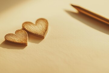Two wooden heart shapes on a soft background with a pencil, symbolizing love and creativity in a playful setting.