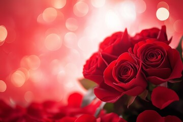 A beautiful bouquet of red roses against a soft, blurred background of shimmering lights, perfect for romantic occasions.