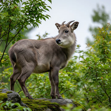 Japanese Serow Standing on a Mossy Rock in a Lush Green Forest Environment