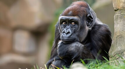 Obraz premium Western lowland gorilla sitting and contemplating nature