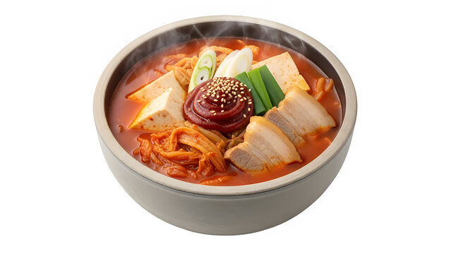 Authentic kimchi jjigae spicy Korean stew with soft tofu and green onions, isolated on white or transparent background, high resolution, studio lighting, sharp focus, clean cutout, minimal shadow, PNG