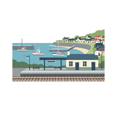 Naklejka premium Train Station Near Waterfront with Boats.