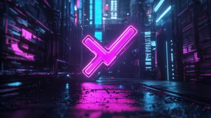 Cyberpunk Cityscape: Neon Checkmark Glows in Futuristic Urban Alleyway