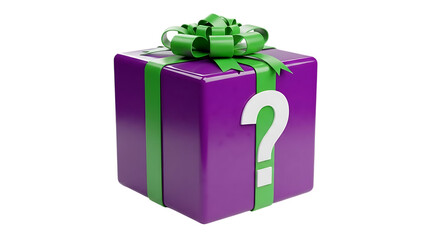Purple gift box with green ribbon and question mark isolated on transparent background
