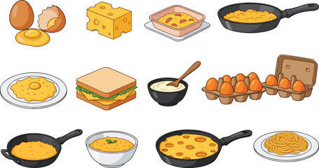 Comprehensive Egg Cooking and Breakfast Icon Set Featuring Raw Eggs Scrambled Omelets Sandwiches Cheese Frying Pans and Egg Cartons in Flat Illustration.