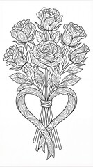 Elegant Line Art of Roses with Heart-Shaped Ribbon Design