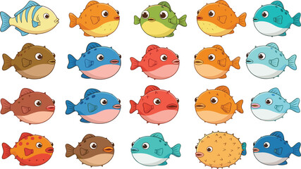 Collection of Cute Puffer Fish Icons Featuring Various Colors Patterns and Spiky Designs in Detailed Flat Vector Illustration Set for Marine Life. © Aminul